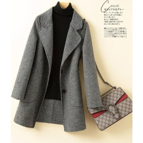 2021 Autumn Winter Houndstooth Women Wool Jacket Short Coat Elegant Slim Suit collar Long-sleeved Outwear Warm Woolen Jackets