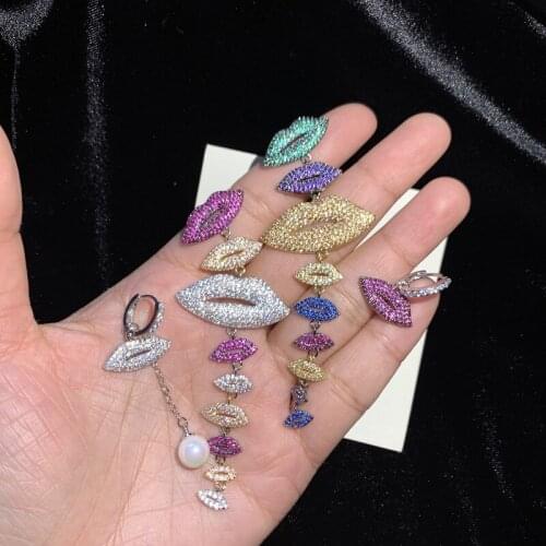 S925 Silver Needle Asymmetric Lip Earrings Colored Zirconia Earrings