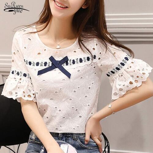 Blusas Mujer Women Tops and Blouses 2021 Short Sleeve Ladies Tops Sweet Nice Female Hollow Lace Blouse Shirt Blusa Feminina