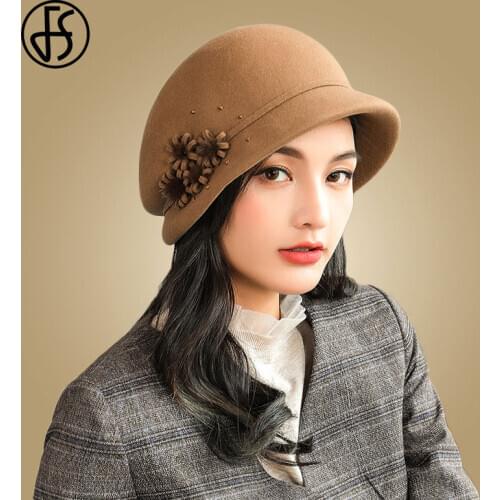 FS Black Wool Felt Cloche Hats For Women Fashion Wide Brim Bowler Winter Fedoras With Flower Ladies Cloche Floppy Derby Hats Cap