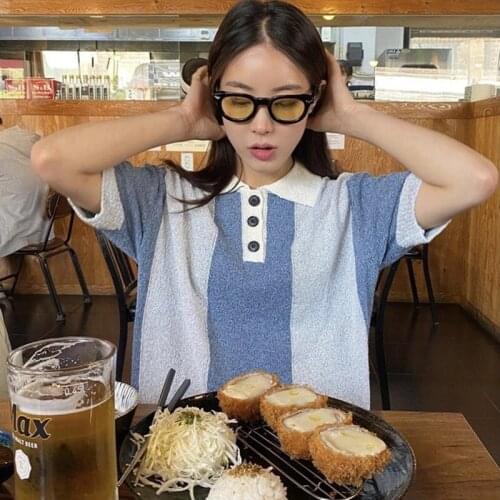 Summer Women Loose Hit Color Spliced Fashion Designed Knitted T-Shirt Female Casual High Version Tee Ladies New Slim Tops ML172