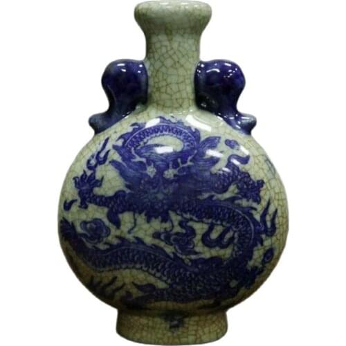 Chinese old porcelain Cracked glaze opening blue and white dragon pattern binaural flat bottle vase