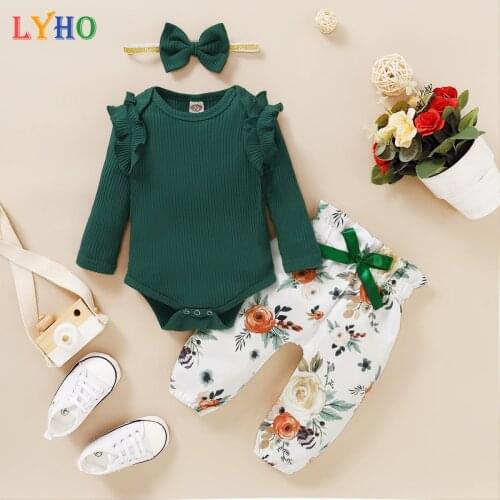 LYHO Kids Clothes Sets for Baby Girls Toddler Clothing 2021 Spring Fashion Infant Top + Floral Trousers 3 Pcs Suit Pants