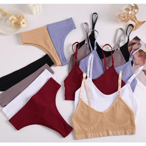 Sexy Ribbed Stretchy Tank Crop Top Set Seamless Cotton Bralette Tops Low Waist G-String Underwear Set Bra Panties Sets Women
