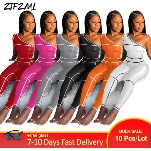 Wholesale Bulk Items Lots Women Fitness Pant Suit Casual One Shoulder Sleeveless Crop Top+straiped Skinny Legging Co Ord Sets