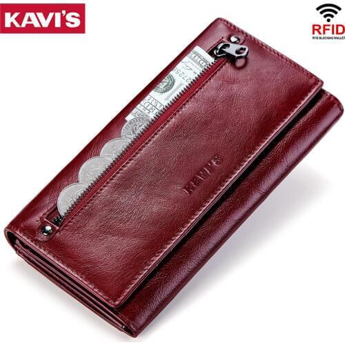 KAVIS Genuine Leather Women Wallet and Purse Female Coin Purse Portomonee Clamp For Money Bag Zipper Card Holder Handy Perse