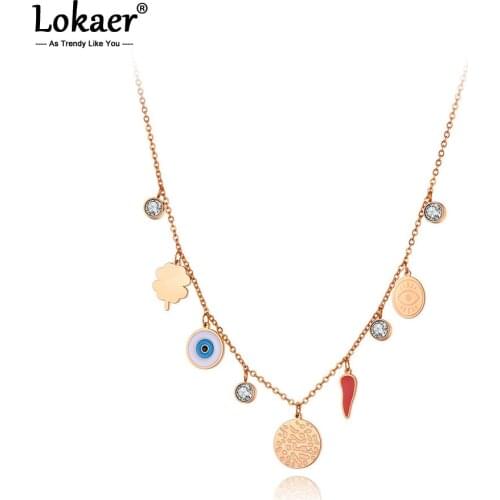 Lokaer Original Design Stainless Steel Eye & Flower Charm Choker Necklaces For Women Fashion CZ Crystal Pendant Necklace N20244