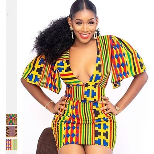 2021 Fashion Sexy V Neck Flared Sleeve Party African Dresses for Women African Ankara Print Bodycon Dress Women African Clothes