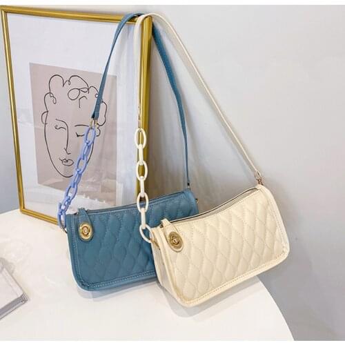 Fashion Lattice Pattern PU Leather Shoulder Underarm Bags For Women Pure Color Casual Chain Ladies Small Flap Shoulder Handbags