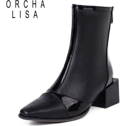 ORCHALISA 2021 Designer Gothic Black Ankle Boots for Women Mortorcycle Pointed Toe Square Mid Heel Zipper Blue Big Size 48 S2451
