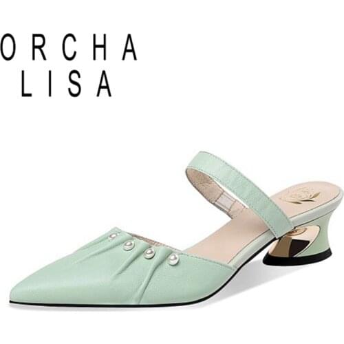 ORCHA LISA Size 42 Cow Leather 4cm Low Heel Pointed Toe Rivets Pearl Princess Style Slingback Buckle Straps Slippers Women B2628