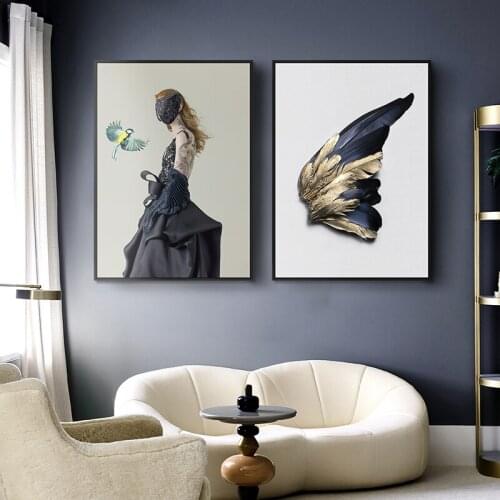 Black Mask Woman Golden Wing Posters And Prints Canvas Painting Wall Art Pictures Fashion Modern Girls Room Home Decoration