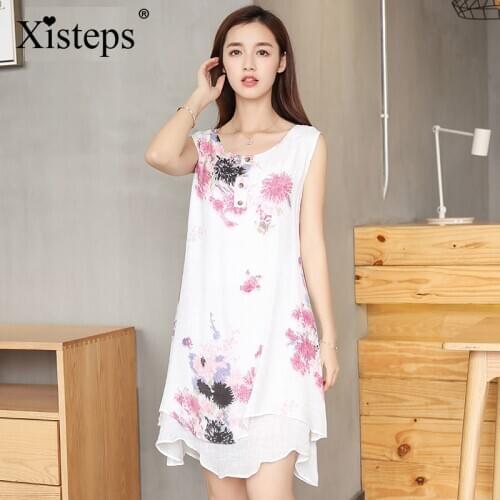 Xisteps Women Summer Floral Soft Loose Dress Sleeveless O-neck Ladies Casual Beach Dress Vestidos Plus Size L-5xl Pink Blue
