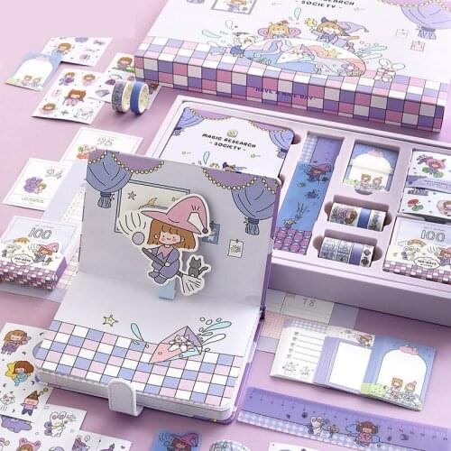 Fairy Tale Notebook With Stickers Washi Tape Hand Book Set Gift Box Pink Purple Diary Student Stationery Exquisite Gift