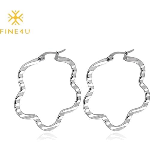 FINE4U E266 Embossed Flower Hoop Earrings Simple Dainty Hoops Jewelry for Women Girls