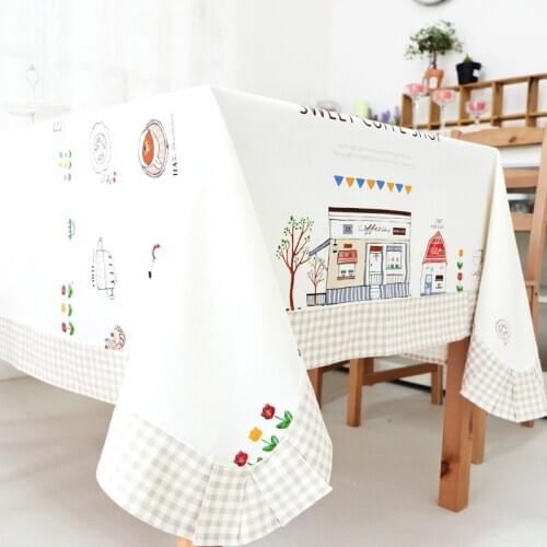 Japan Zakka Style High Quality Table Cloth Beige Plaid Round Tablecloths Cotton Rectangular Square Tablecloth Cartoon Printed