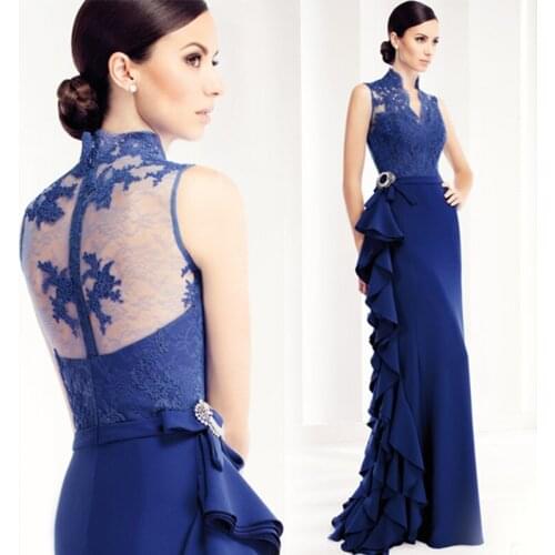 Custom Made Simple Cheap High Neck Lace Chiffon Long Royal Blue Women Wedding Guest Dress Evening Dress