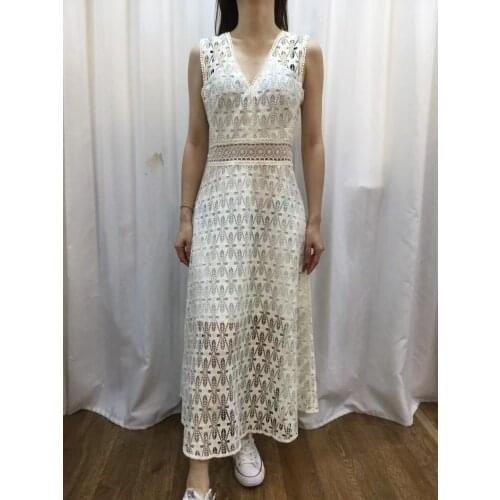 Discount sales summer dress women 2021 new water-soluble lace sleeveless high waist dress V-neck A-line hollow lace dress