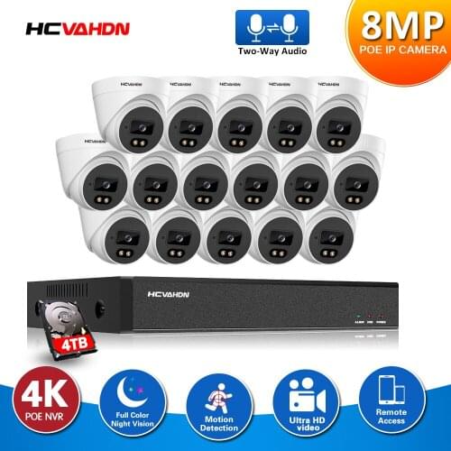 16 Channel CCTV Camera System Set 4K POE NVR Kit Outdoor Color Audio POE IP Dome Security Surveillance Camera System Kit 16CH