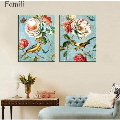 2PCS Light blue vintage floral roses butterfly painting canvas pictures for living room bedroom home decor wall art office