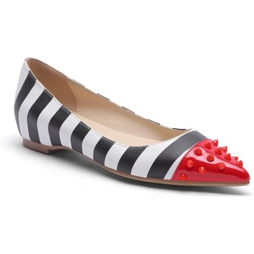 2021 Summer Woemns Shoes Inner-increasing Wedges Single Shoes Pointed Toe Striped Low-heel Flats Rivet Genuine Leather Shoes