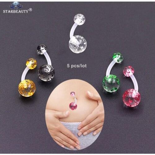 Sparkling Powder 5pcs/lot Clear Soft Acrylic Belly Ring Navel Piercing Helix Earring Curved Barbell Belly Button Rings Jewelry