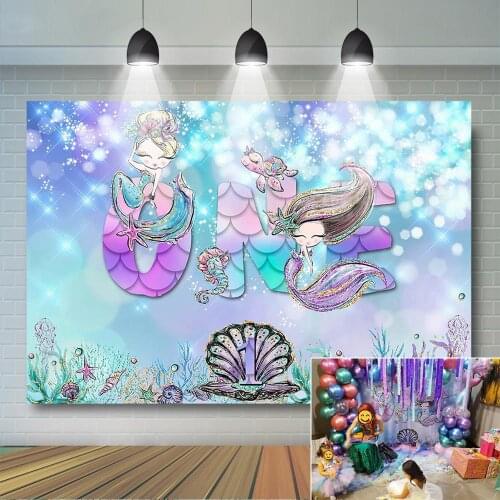 Little Mermaid Background Girls 1st Birthday Party Decoration Underwater Coral Shell Scales Photography Backdrop