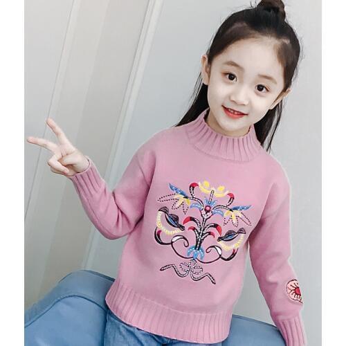 Hot Sale Girls Fashion Embroidered Knitted Sweaters Spring Fall New Children Bottoming Knitwear Little Kids Cute Pullovers X412
