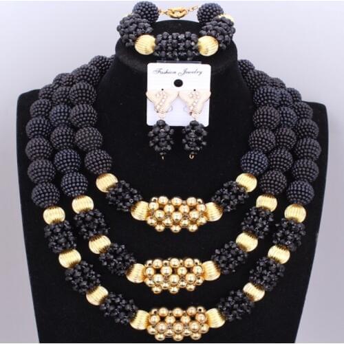 Latest Black Nigerian Beads Bridal Jewelry Sets Gold Big Ball Bold Crystal Statement Necklace Set For Women Christmas Gift 2017