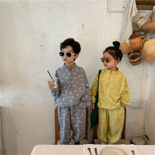 2021 Autumn New Boys and Girls Sweet Cool Print Zipper Pullover Top Pants Children Knitting Two Piece Set Childrens Sports Suit