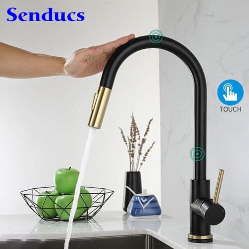 Senducs Touch Kitchen Mixer Faucets Black Gold Hot Cold Kitchen Tap Smooth Pull Out Kitchen Faucet Smart Touch Kitchen Faucet