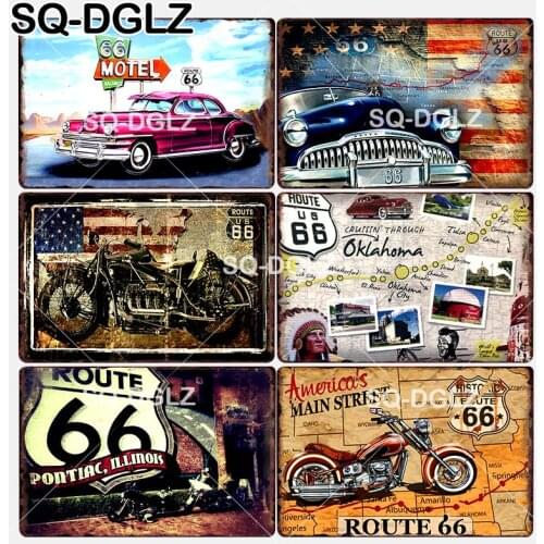 [SQ-DGLZ] New MOTEL ROUTE 66 Tin Sign Wall Decor Americans Man Street Metal Crafts Painting Plaques 66 ROUTE US Map Art Poster
