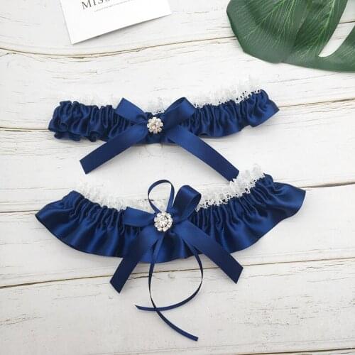 Navy Bridal Garter Wedding Garters set Lace Rhinestone Stretch Satin Bowknot Sexy Garters for Women/Bride Thigh Ring Leg Garter