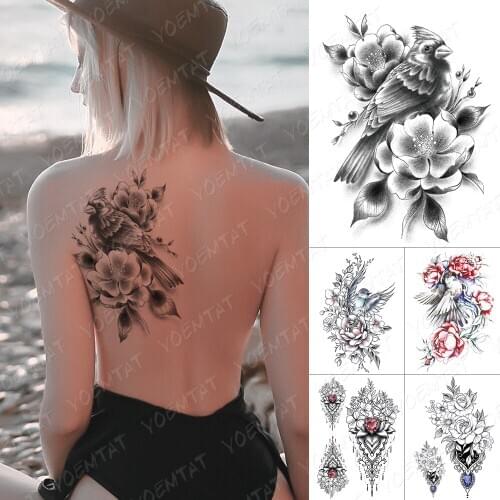 Waterproof Temporary Tattoo Sticker Sketch Bird Flower Feather Diamond Gem Flash Tattoos Parrot Rose Body Art Arm Fake Tatoo
