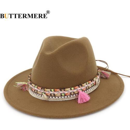 BUTTERMERE Womens Fedora Hat Wool Khaki Jazz Hats Female National Casual Large Brim Vintage Autumn Classic Felt Hat And Cap 2021