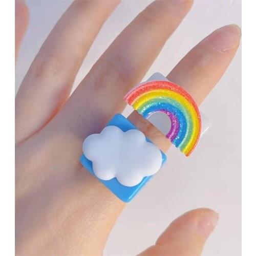 Harajuku Y2k Rings for Women Vintage Rainbow Clouds Aesthetic Acrylic Rings Cute Shiny Jewelry 90s Party Christmas Gifts New