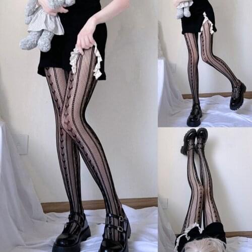MXMA Women Girls Dark Heart Striped Pantyhose Gothic Punk Sexy Hollow Out Fishnet Mesh Black Tights Japanese Lolita Kawaii
