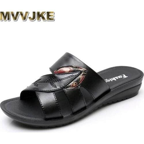 MVVJKE New Fashion Summer Open Shoes Mother Sandals Slippers Women Shoes Genuine Leather Slippers Soft Comfort Non-slip Sandals
