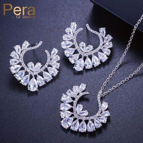 Pera Trendy Summer Style Silver Color Jewelry Big Heart Shape Cubic Zirconia Pendant Necklace Set For Women Prom Party Gift J257