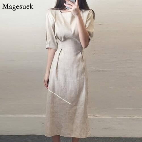 2021 Elegant Chic Vintage Summer Dress Women Cotton Office Ladies Dress Short Sleeve Loose Casual Solid Long Dresses Robes 10268