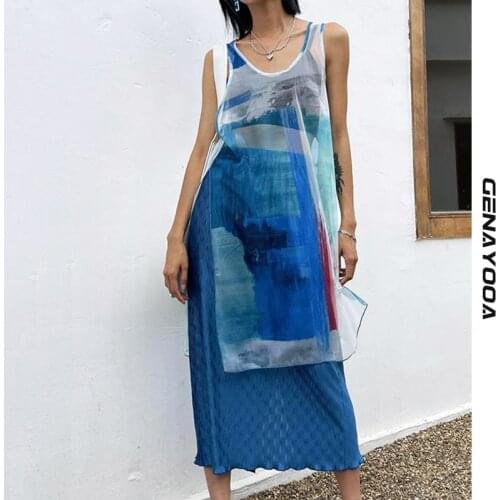 Genayooa Perspective Mesh Tie Dye Summer Dress Women 2021 Y2k Sleeveless Tank Women Dresses Streetwear Split Vestidos Boho