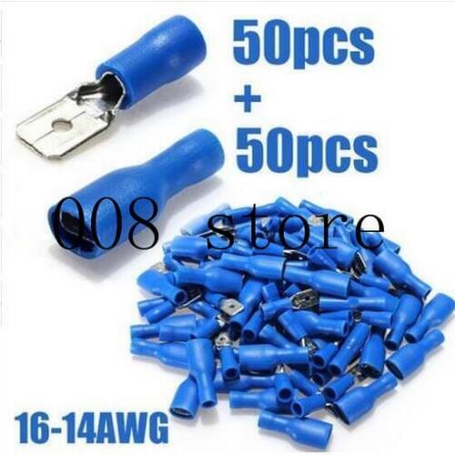 100pcs blue Female/Male Spade Insulated Electrical Crimp Connectors Terminal