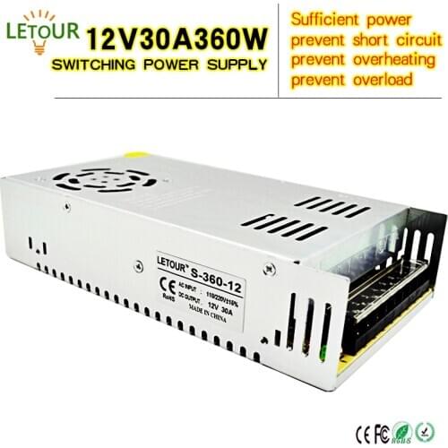 12V 30A Power Supply Adapter AC 96V-240V Transformer DC 12V 360W LED Driver AC-DC Switching Power Supply for LED Strip Motor