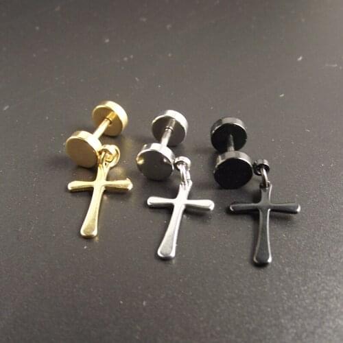 2 Piece Punk Cross Round Barbell Stainless Steel Stud Earring Studs Men Women Cross Charm Earrings Body Piercing Jewelry