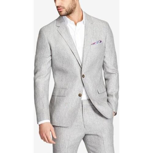2020 Custom Made Light Gray Linen Beach Wedding Suits 2 Piece Groom Tuxedos Mens Prom Party Suit Best Man Suit (Jacket+Pants)