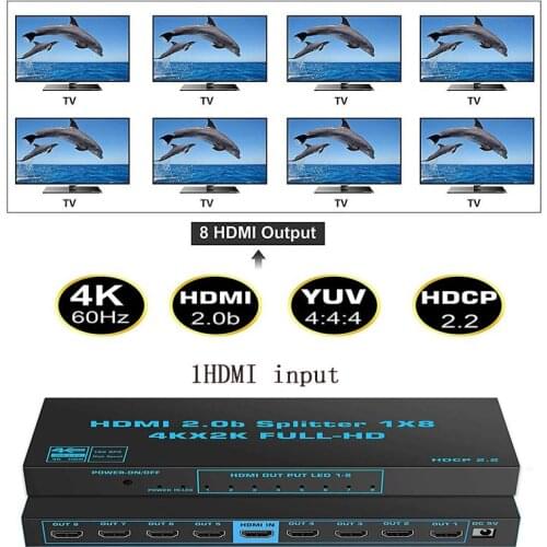 4K 1x8 HDMI 2.0 Splitter 1 IN 8 Output HDMI Splitter Video Converter 4K 60HZ for PS4 PC DVD To TV Support Dolby