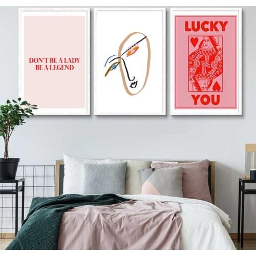 Nordic Abstract Poster Line Face Canvas Painting Print Wall Art Pink Style Letter Lucky You Picture for Living Room Modern Decor