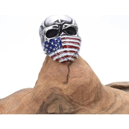 American flag black skull ring casting drip motorcycle club stainless steel ring