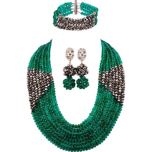 Teal Green Army Green Silver Nigerian Wedding African Beads Jewelry Set Crystal Beaded Necklace Party Jewelry Gifts 8LBJZ02
