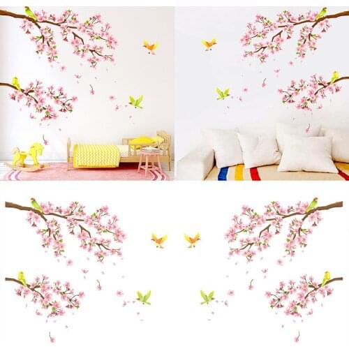 Cherry Blossom Wall Stickers flowers Removable Tree Branch Birds Wall Decals Pink Childrens Room Baby Teen Living Room Decor